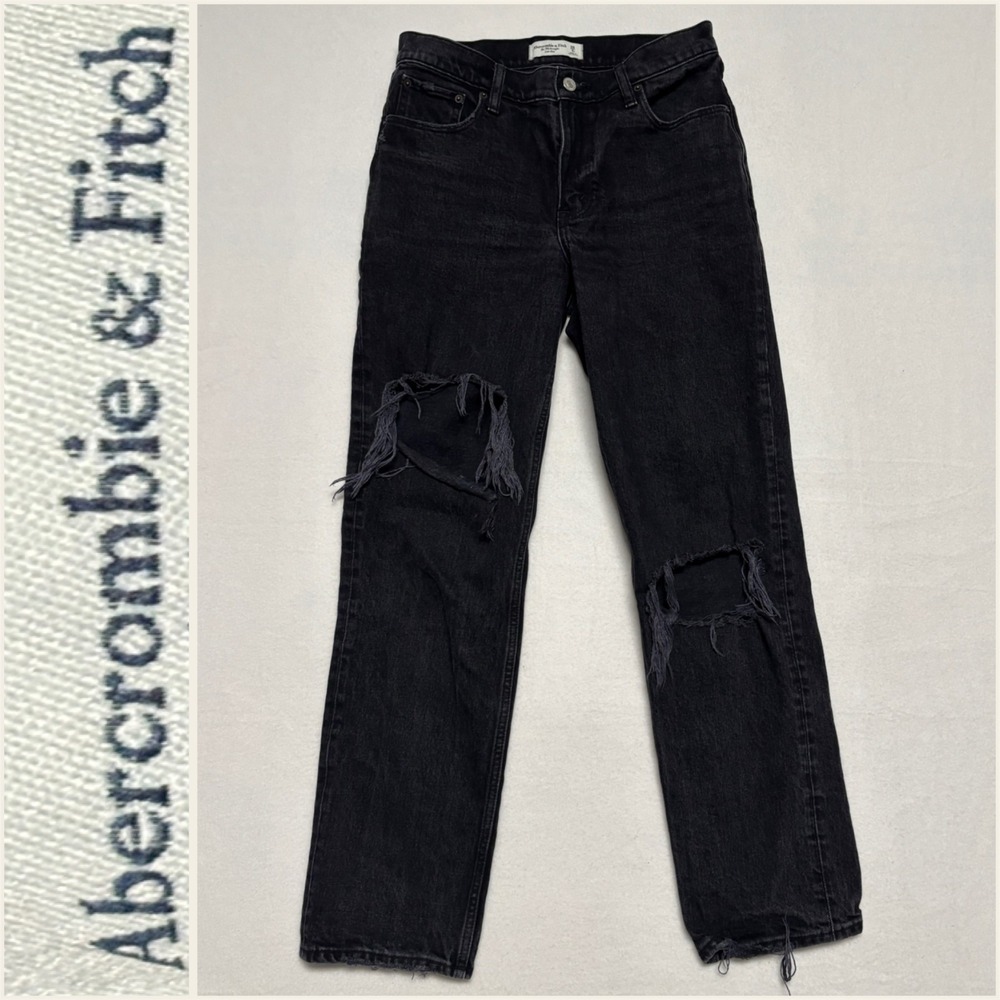 Abercrombie Fitch Womens 28/6R The 90s Straight Low Rise Black Distressed‎
